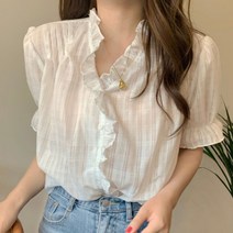 이지핏 여성 레이스 프릴 오피스룩 캐주얼룩 브이넥 블라우스 여성상의 블라우스 플라워블라우스 잔꽃블라우스 차르르블라우스 쉬폰블라우스 봄옷 프릴블라우스 패션의류 러블리블라우스 벌룬소매