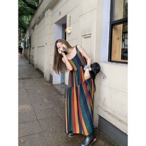 스트라이프 민소매 롱 원피스 나시 유럽풍