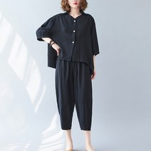 티티웍스 중년여성 빅사이즈 면 린넨 언발 셔츠 블라우스 + 밴딩 배기 바지 투피스 세트