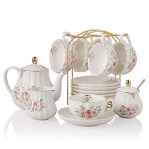Sweejar 도자기 티 세트 브리티시 로열 시리즈 226.8g(8온스) 컵 및 받침 6인용 서비스 찻주전자 설탕 그릇 크림 피처 티스푼 차/커피용 푸카 홈(퍼플), Rose Flower
