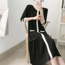 밑단 롱원피스 Y배색 반팔 F1001 니트 하객룩 주름