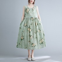루즈핏 여름 라운드 면 린넨 허리 스트링 빅플라워 민소매 나시 롱 원피스