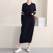 비나인 여성용 델다 배색 롱 니트 원피스