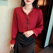 [이꾸띠] 인프릿 봄 가을 2040 여성 브이넥 버튼 부분 프리 소매 퍼프 단정한 스타일 리쉬 원컬러 쉬폰 블라우스