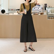 플레이팝 여성용 블랙컬러 자체제작 브이 슬리브리스 린넨 와이드 점프수트