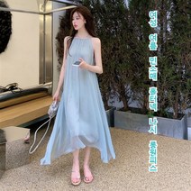 여름 민소매 원피스 미디스커트 여름 스모그 블루 미디 스커트 바캉스