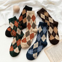 리어쉘 아가일 패턴 여성 패션양말 블랙:FREE