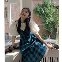 체크 롱원피스 모던 바캉스룩 롱 체크롱원피스 캉캉 자켓 하객 레이어드체크롱원피스 레트로감성 루즈핏원피스
