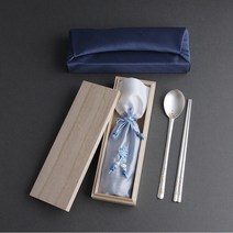 은수저세트 원앙급부 손조각 은수저1벌 24K 순도99% 부모님생신선물 금도금 고급답례품 퇴직자선물 결혼예물, 실버보자기-블루주머니, 1p