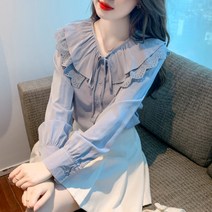 봄 칼라 프릴 레이스 블루 블라우스 셔츠 긴팔 상의