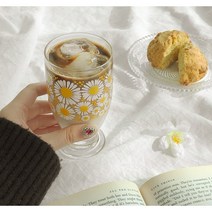 레트로 꽃무늬 유리컵 플라워 아이스커피잔 라떼잔 홈카페컵 그릇편집샵, 옐로우