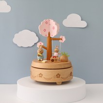건전지 없이 재생하는 수동 태엽 원목 오르골 디자인 토끼 그네 천공의성 라퓨타