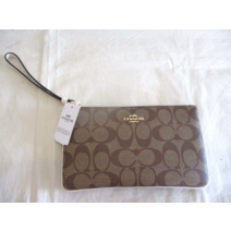 코치 COACH 탠 베이지 KAHKI 초크 가죽 클러치 핸드백 지갑 손목 스트랩 체인 여성