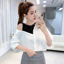 검정색긴팔셔츠 오픈숄더스타일 여성 봄 여름 스타일리쉬 숏 매너 와이셔츠 끈나시 슬립 페이크 638361661