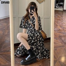 DFMEI 여름 쉬폰 플라워 원피스 빈티지 브이넥 스커트