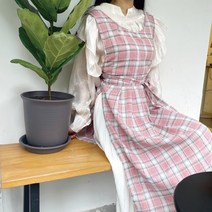 [이거찜] 국내 린넨 롱원피스 앞치마 체크무늬 어린이집 방수, 러블리체크앞치마 블루