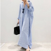 POMTOR 언밸런스 린넨 셔츠 스트라이프 임산부 롱원피스 롱 남방 원피스 루즈핏 빅사이즈