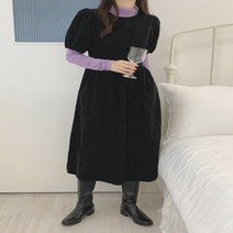 여자 가을 겨울 코듀로이 퍼프 반팔 플레어 롱원피스