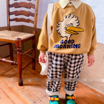 돌 아기 유아 아동 키즈 남자 여자 아이 겨울 둥이룩 형제룩 남매룩 자매룩 갈색 기모 맨투맨 티셔츠 복고 브라운 라운드넥 레터링 애니멀 동물 복고 타조 프린팅 긴팔 티셔츠