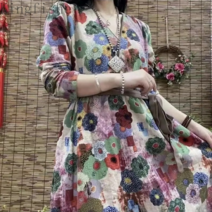 [Kingfishe]여성 빅사이즈 면마 원피스 플라워 롱 원피스 29dian25329SH04