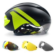 헬멧 자전거 사이클링 가벼운 에어로 시간 시험 용 고글 라이딩 인라인 스쿠터 머리 보호, 블랙 그린 3렌즈, m 54-57cm