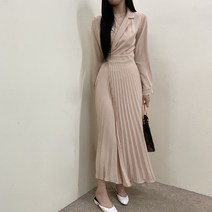 VANANA2 여성용 긴팔 카라넥 플리츠 A라인 랩 주름 스트랩 롱 원피스