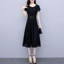 여성원피스 가을원피스 쉬폰 드레스 여성 허리 허리가 얇은 기질 2020 뉴 여름 반팔 블랙 타임을 보여줍니다