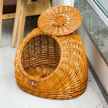 라탄 숨숨집 고양이 침대 집 강아지 하우스 반려 애완견 등나무 동물 캣 둥지, L(도어포함), 베이지