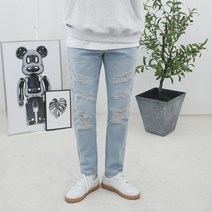 28~38 무파진 데미지 연청 봄 여름 슬림 일자핏 남자 데님 청바지 팬츠