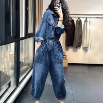 캐주얼 모던 카고 데님 점프슈트 여성의류 날씬해 보이는 튜닉 스트링 점프슈트