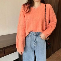 꽈배기 가을 루즈핏 여성 기본 브이넥 니트 하늘비즈 J562I295