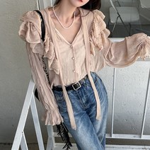 넷투넷코리아 여성 브이넥 프릴 레이스블라우스 캐주얼 심플 하객룩