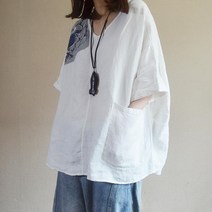 여성 루즈핏 면마티 브이넥 프린트 반팔티 빅포켓 데일리