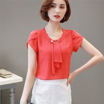 넥 프릴 블라우스 여름 블라우스 쉬폰 셔츠 사무 작업 슬림 탑스 반소매 어 보우 넥 프릴 옐로우 레드