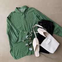 [바보사랑] 여자 비스코스 슬릿 땡땡이 남방 도트 카라넥 셔츠[옷자락]