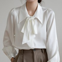 실크타이블라우스 봄 가을 리본 화이트 셔츠 정장 오피스룩 카라 퍼프 고급