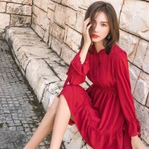 가바바 여성 원피스 강렬한 레드 허리 잘록 프릴 포인트 쉬폰 데이트룩 미니원피스 G31902