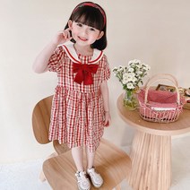 PigPug 여자 어린이 치마 북유럽 체크 학원 리본 원피스 공주 치마