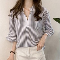 아이엠몽 여성 스트라이프 브이넥 루즈핏 블라우스 브룬