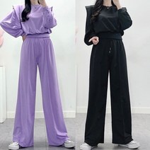 매일리룩 여성 퍼프 숄더 맨투맨 핀턱 와이드 밴딩 팬츠 투피스 세트