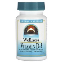 소스 내추럴스 Source Naturals 웰니스 비타민D-3 50mcg(2 000IU) 소프트젤 200정, 2개