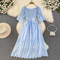 아일렛원피스 펀칭원피스 스모크 밴딩 여름 반팔 롱 편한