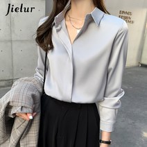 고급 수입 Jielur 블라우스 긴 소매 흰색 회색 셔츠 루즈한 캐주얼 기본 탑스 퓨어 컬러 블라우스셔츠
