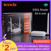 와이파이 증폭기 공유기 인터넷 Tenda-D301 300Mbps 무선 라우터 WiFi ADSL 모뎀 네트워크 기가비트 4p 스위치 올인원 Wifi 지원 이더넷 WAN IPTV