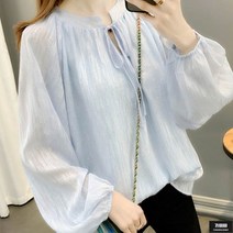 가바바 여성 빅사이즈 블라우스 넥라인 리본 포인트 퍼프소매 긴팔 블라우스 G61942