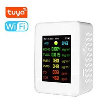 이산화탄소측정기 CO2측정기 TuyaWifi 휴대용 공기 품질 7 in 1 PM25 PM10 TVOC HCHO AQI 테스터 TFT 컬러 스크린 시간 날짜 표시, White