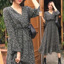 헤링본 봄 플라워 롱원피스 긴팔 가을 겨울 쉬폰 브이넥 플레어 밴딩 루즈핏 빅사이즈 데일리 맥시 HD022