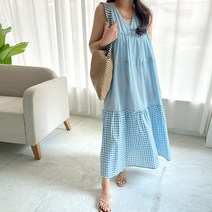 네모엔룩 여성용 체크스트링 루즈핏 브이넥 민소매 체크 롱 원피스