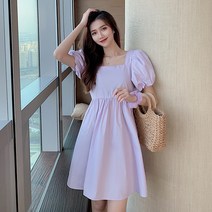 [당일배송] Tamina 스퀘어넥 원피스 퍼프소매 귀엽다 루즈핏 캐주얼 A라인 스커트