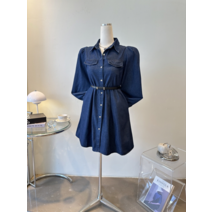 스티치 절개 핀턱 퍼프 생지데님 셔츠 청 미니원피스 2C